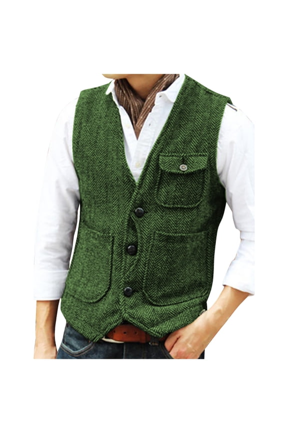 Casual Men's Vests Herringbone Tweed Vest V-Neck Waistcoat For Men Retro Men's Wedding Vests Travel Workwear Vest Green XL