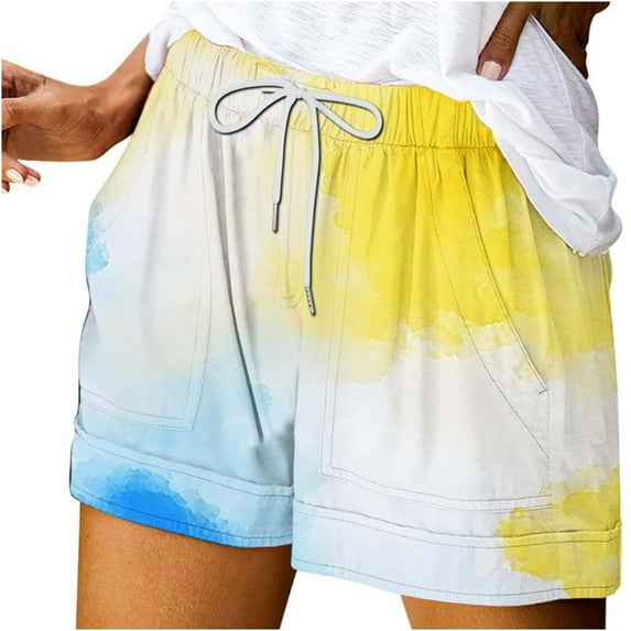 YUGYXL Casual Print Shorts for Women Drawstring Elastic Waist Tie Dye Shorts with Pockets Wide Leg Summer Shorts C Multicolor XXL