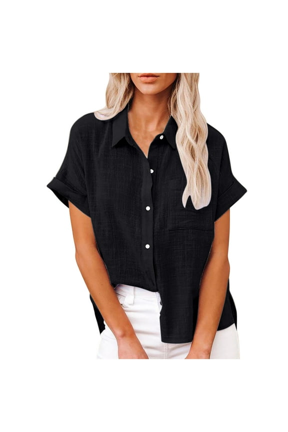 Casualhortleevehirts for Women Comfyolid Color Plusize Button T-shirtsummer Loose Fit Lapel Cotton Linen Blouse with Pockets