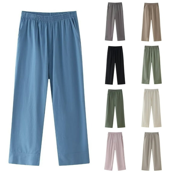 YUGYXL Casual Straight Pants for Women Cotton Linen Long Pants Summer Elastic Waist Wide Leg Pants with Pockets Army Green M