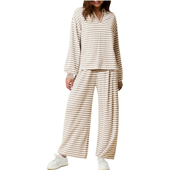 YUGYXL Casual Striped Sweatsuit for Women 2 Piece Outfits Pullover Loose Lapel V Neck Sweatshirt Wide Leg Pants Lounge Sets Khaki XL