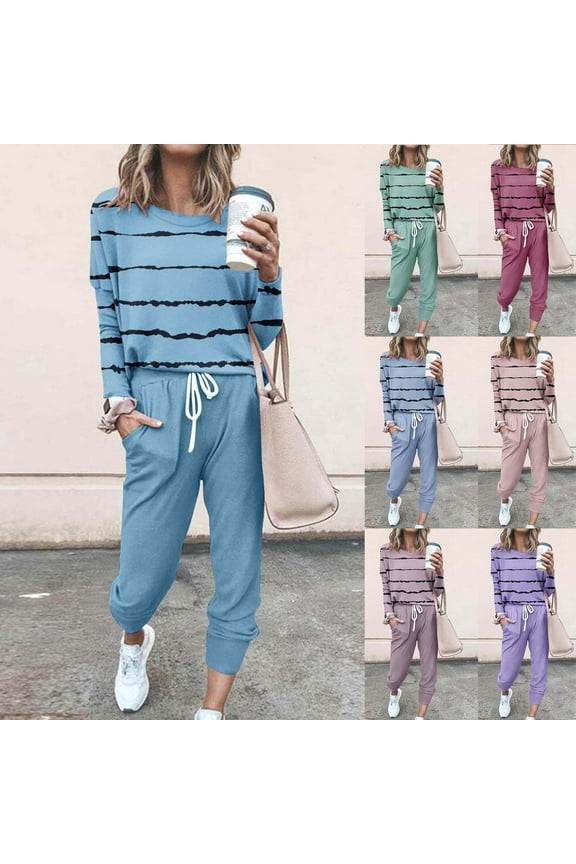 Casual Tracksuitets for Women 2 Piece Plusize Trendytripe Print Crewneckweatshirt and Waist Drawstringweatpants Outfits Todays