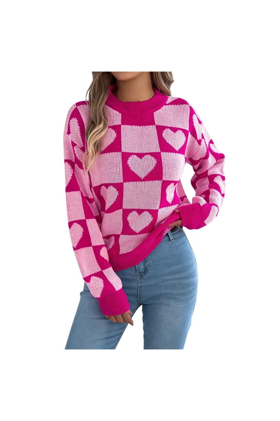 Checkered Knit Sweater for Women Fall Winter Casual Mock Neck Heart Sweaters Tops Pink M