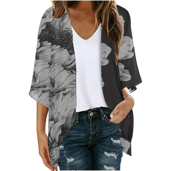 YUGYXL Chiffon Cardigan for Women Thin Lightweight 3/4 Sleeve Cardigans Trendy Print Cardigan Tops A Black L