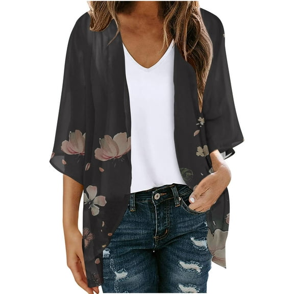 YUGYXL Chiffon Cardigan for Women Thin Lightweight 3/4 Sleeve Cardigans Trendy Print Cardigan Tops B Black S