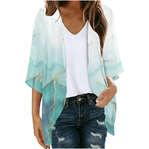 YUGYXL Chiffon Cardigan for Women Thin Lightweight 3/4 Sleeve Cardigans Trendy Print Cardigan Tops Green XL
