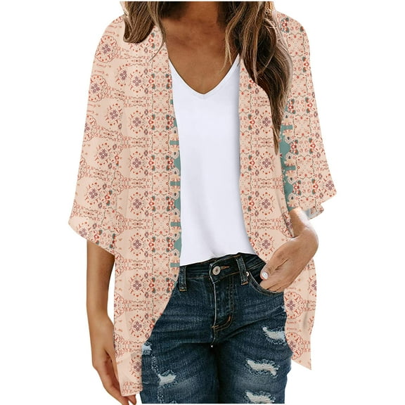 YUGYXL Chiffon Cardigan for Women Thin Lightweight 3/4 Sleeve Cardigans Trendy Print Cardigan Tops Pink S