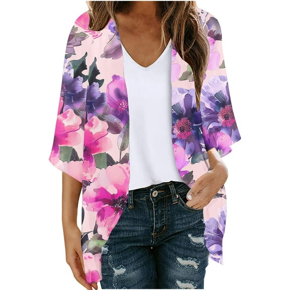 YUGYXL Chiffon Cardigan for Women Thin Lightweight 3/4 Sleeve Cardigans Trendy Print Cardigan Tops Purple M