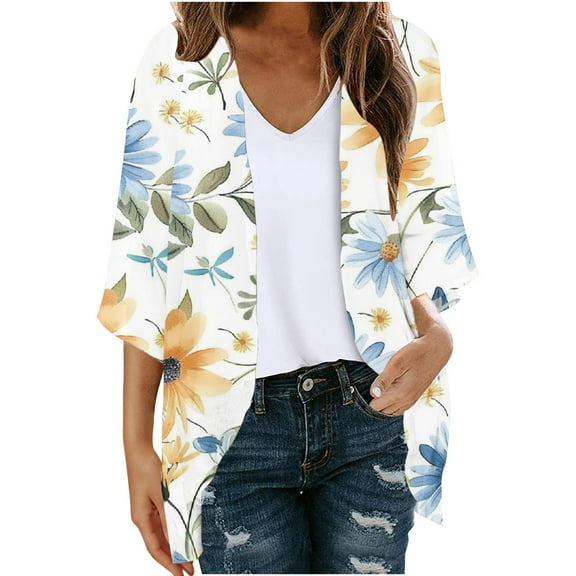 YUGYXL Chiffon Cardigan for Women Thin Lightweight 3/4 Sleeve Cardigans Trendy Print Cardigan Tops White S