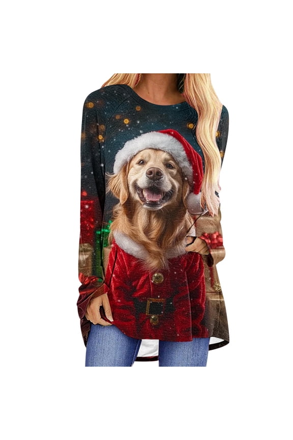 Christmas Shirts for Women Funny Xmas Long Sleeve Tunic Tops Vintage Christmas Graphic Blouse F Multicolor S