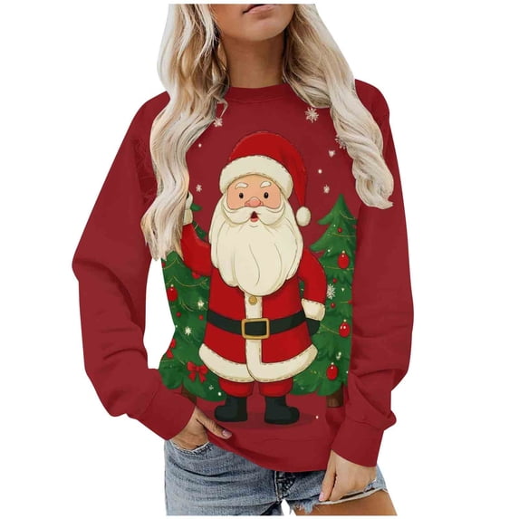 YUGYXL Christmas Sweatshirt for Women Fleece Lined Long Sleeve Crewneck Cute Print Holiday Party Pullover Tops A Red XXL