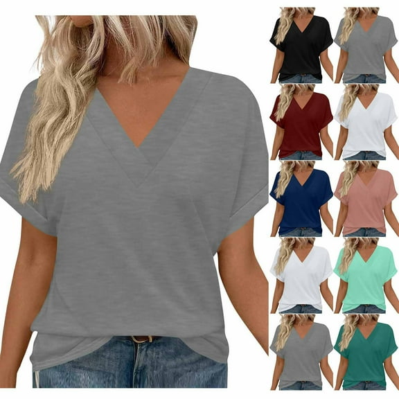 YUGYXL Classic Short Sleeve Shirts for Women Dressy V Neck Comfy Tshirts Solid Color Basics Fit Tops Going Out Tees Wine XXL
