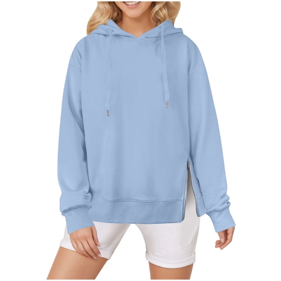 YUGYXL Classic Solid Color Hoodies for Women Long Sleeve Sweatshirts Side Zipper Drawstring Hooded Pullover Light Blue S