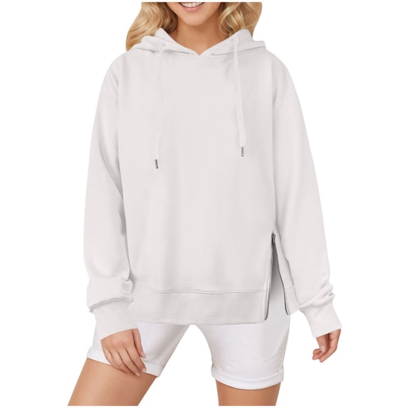 YUGYXL Classic Solid Color Hoodies for Women Long Sleeve Sweatshirts Side Zipper Drawstring Hooded Pullover White XXL