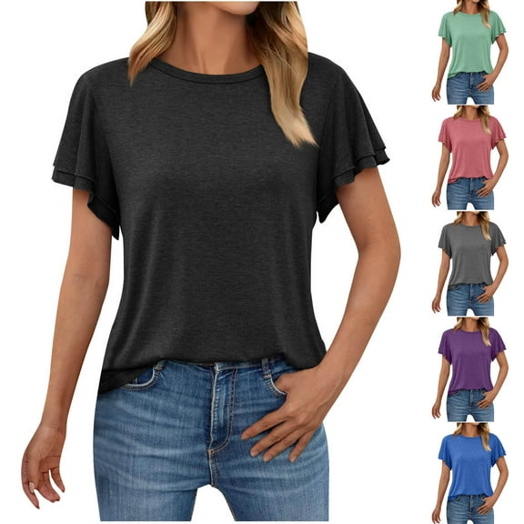 YUGYXL Classic Tshirts Short Sleeve for Women Basics Comfy Crew Neck Shirts Solid Color Outdoor Tops Daily Tees Black XXL