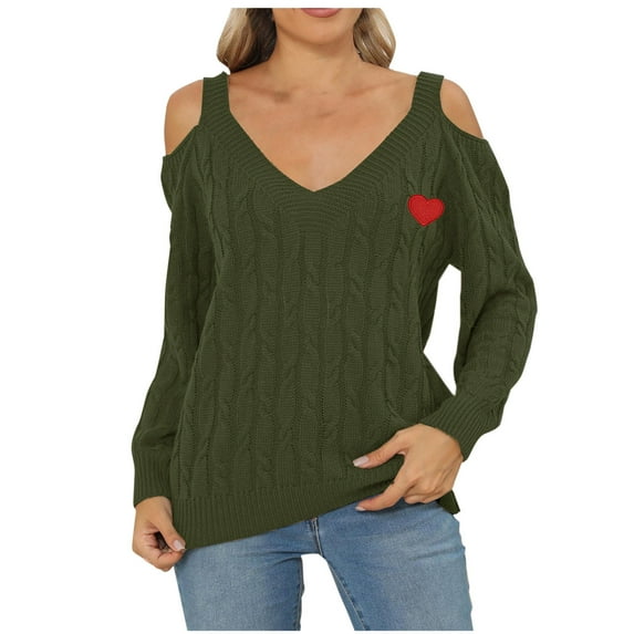 YUGYXL Cold Shoulder Sweaters for Women V Neck Pullovers Long Sleeve Dressy Jumpers Solid Loose Heart Print Sweater Army Green L