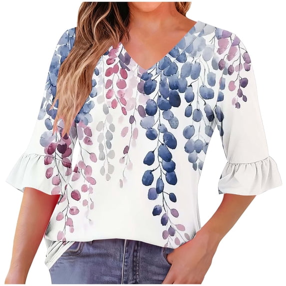 YUGYXL Color Block Knit Top for Women V Neck 3/4 Sleeve Blouses Casual Loose Fit Fall Winter Tunic Pullover Navy S