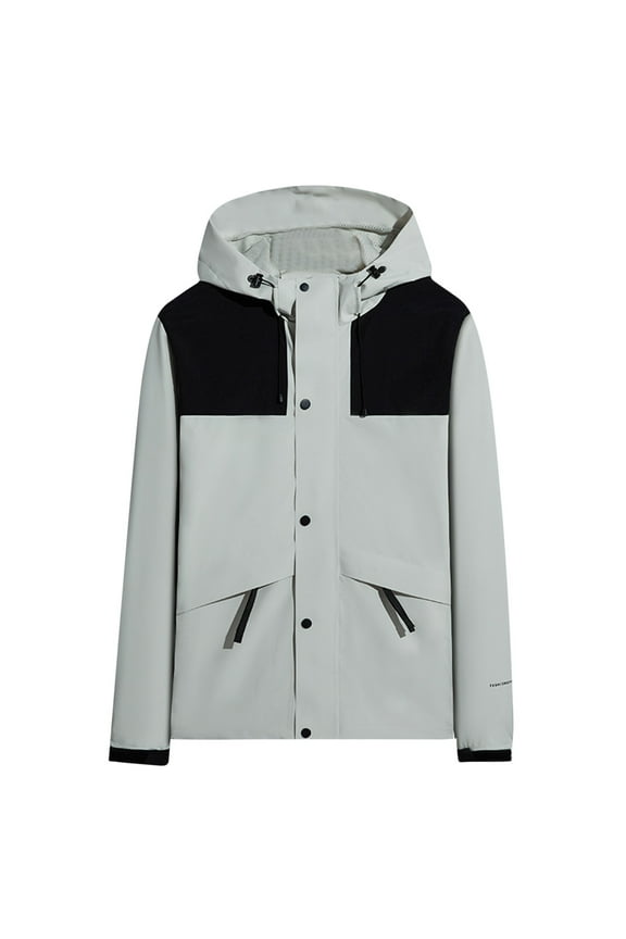Color Block Outdoor Coat Plus Size Breathable Waterproof Windbreaker with Hoodie Lightweight Zipper Pockets Windproof Raincoats Casual Button Outdoor Active Outwear Fall White,XL