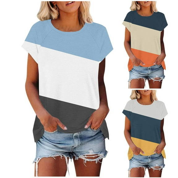 YUGYXL Color Block Shirts for Women Fashion Short Sleeve Tshrits Lounge Crew Neck Blouses Tops Vacation Tees Blue XXL