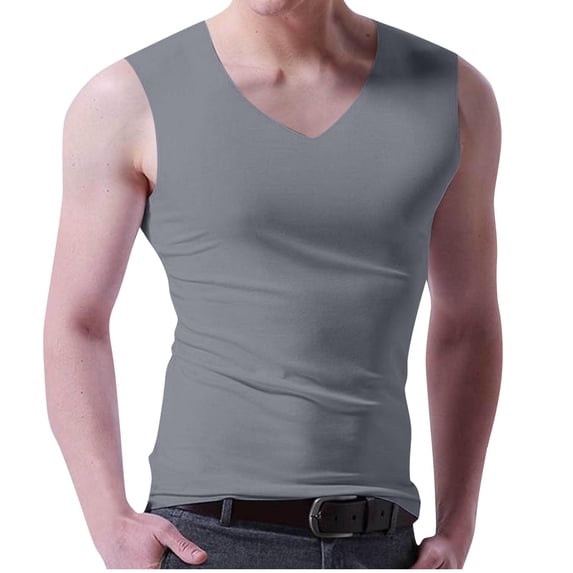 YUGYXL Compression Tank Tops for Men V Neck Sleeveless Muscle Shirt Slim Fit Undershirts Workout Body Shaper Gray M