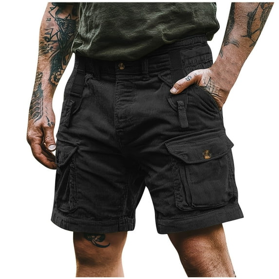 YUGYXL Corduroy Cargo Shorts for Men Summer Button Zipper Solid Color Lounge Shorts Vintage Comfy Holiday Shorts with Pockets Black XL