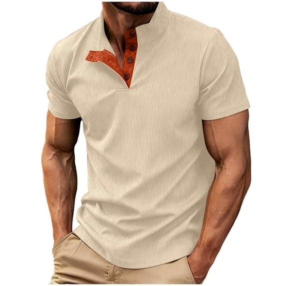 YUGYXL Corduroy Shirt Men Short Sleeve Stand Collar Button Color Block Loose Fit Ribbed Vintage Summer Patchwork Casual Tees Khaki L