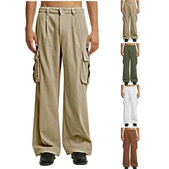 YUGYXL Corduroy Straight Pants for Men Button Wide Leg Trousers with Multiple Pockets Casual Walking Pants