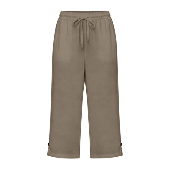 YUGYXL Cotton Capri Pants for Women Loose Fit Straight Leg Drawstring Elastic Waist Cropped Pant Casual Summer Linen Clothes Coffee S