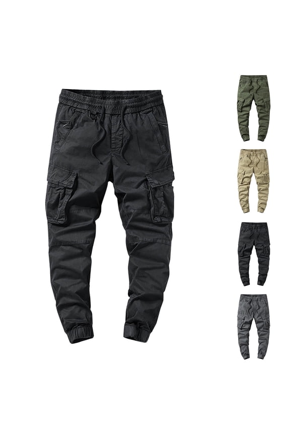 Cotton Cargo Pants for Men Drawstring Ripstop Tapered Pants Elastic Waist Hiking Pants with Multiple Pockets Army Green S