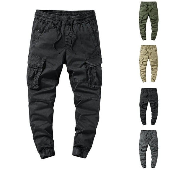 YUGYXL Cotton Cargo Pants for Men Drawstring Ripstop Tapered Pants Elastic Waist Hiking Pants with Multiple Pockets Black S