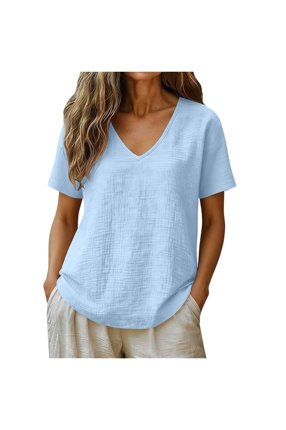 Cotton Gauze Tops for Women Drop Shoulder V Neck Short Sleeve Shirts Ladies Summer Boho Beach Vacation Lounge Blouses Light Blue Tops XL
