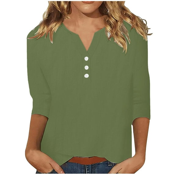 YUGYXL Cotton Linen 3/4 Sleeve Shirts for Women 2025 Casual Button V Neck Lightweight Blouse Tops Solid Color Ladies Tunics Fit Tees Green S