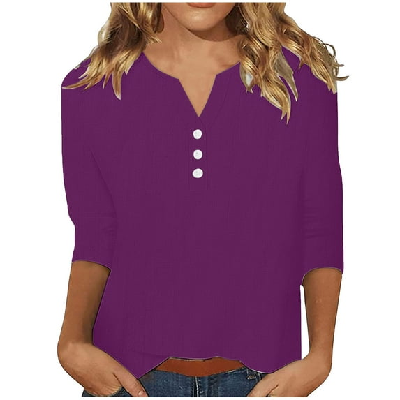 YUGYXL Cotton Linen 3/4 Sleeve Shirts for Women 2025 Casual Button V Neck Lightweight Blouse Tops Solid Color Ladies Tunics Fit Tees Purple L