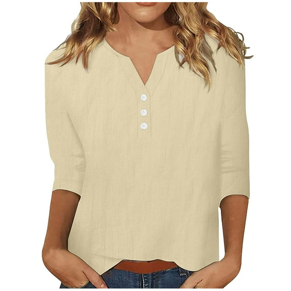 YUGYXL Cotton Linen 3/4 Sleeve Shirts for Women 2025 Casual Button V Neck Lightweight Blouse Tops Solid Color Ladies Tunics Fit Tees Yellow XXXL