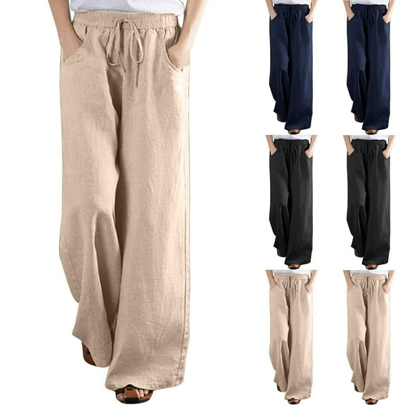 YUGYXL Cotton Linen Beach Pants for Women Palazzo Pants Flowy Stretch Waist Drawstring Long Pants Outdoor Wide Leg Pants with Pockets Dark Blue M