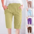 thumbnail image 1 of YUGYXL Cotton Linen Bermuda Pants for Women Elastic Waist Drawstring Vacation Short Pants with Pockets Summer Knee Length Pants Light Blue M, 1 of 6