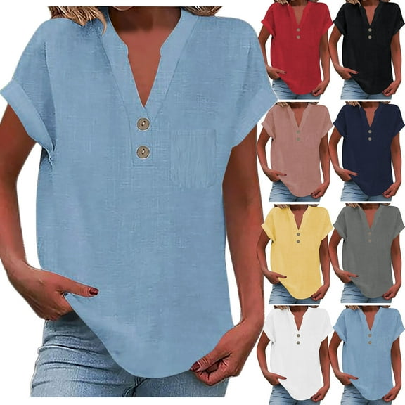 YUGYXL Cotton Linen Blouses for Women Short Sleeve Henley Tees Summer V Neck Tshirts Outdoor Tops with Pocket Blue XXL