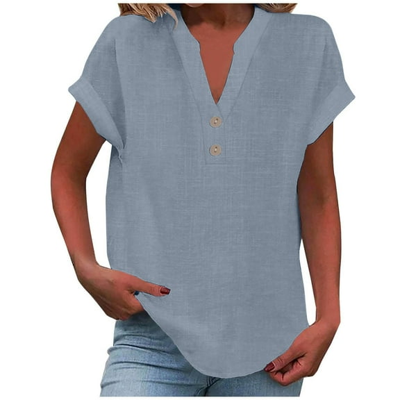 YUGYXL Cotton Linen Blouses for Women Short Sleeve Henley Tees Summer V Neck Tshirts Outdoor Tops with Pocket C Blue M