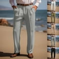 thumbnail image 1 of YUGYXL Cotton Linen Business Pants for Men Button Zipper Front Pleated Trousers with Pockets No Belt Khaki L, 1 of 6