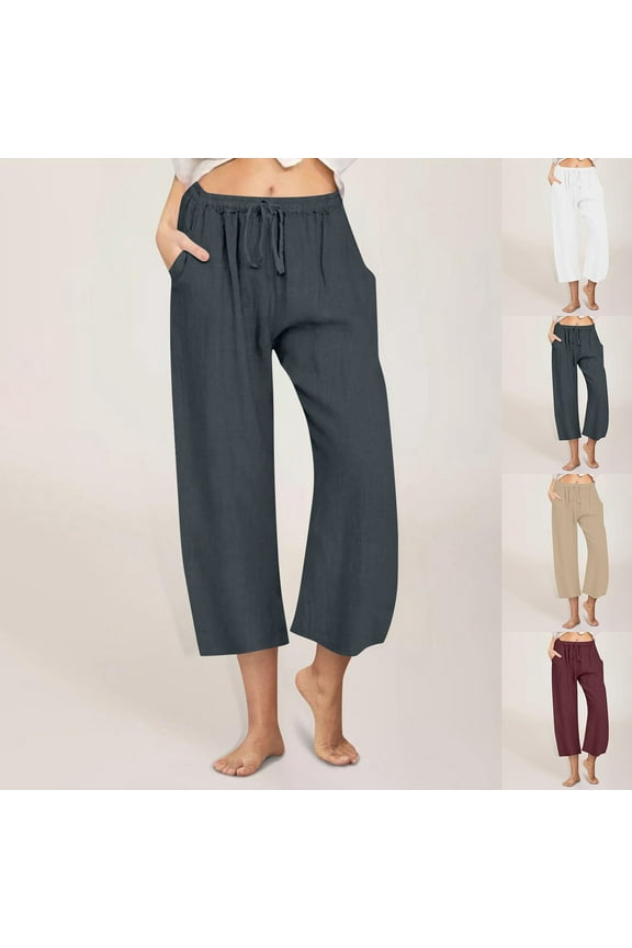 Cotton Linen Capris Pants for Women Summer Drawstring Long Pants Slim Fit Holiday Trousers with Pockets Gray XL