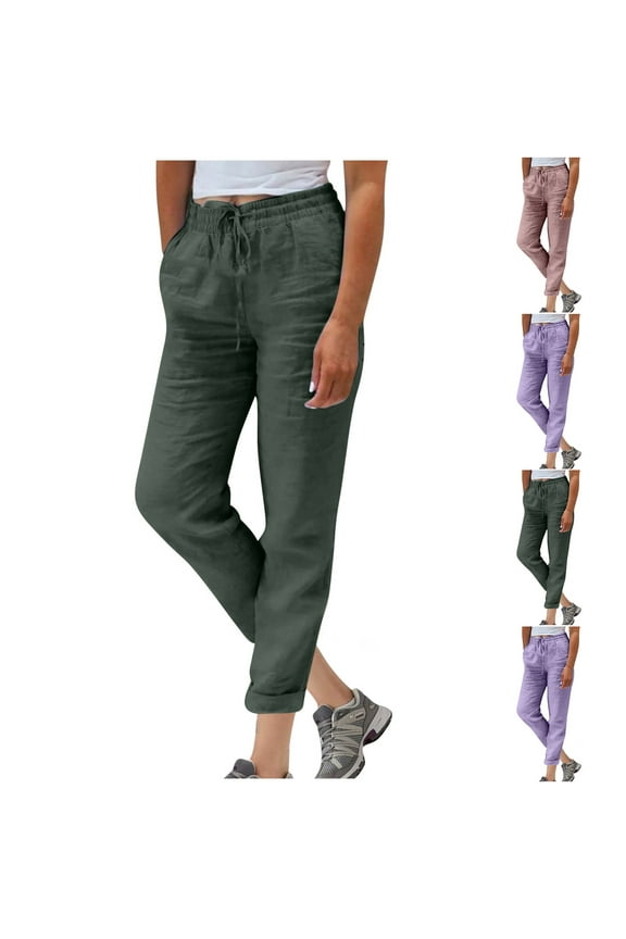 Cotton Linen Pants for Women Petite Casual Stretch Waist Pants Drawstring Lounge Long Pants Business Dressy Trousers Army Green L
