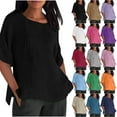 thumbnail image 1 of YUGYXL Cotton Linen Shirts for Women Short Sleeve Summer Tshirts Side Split Lightweight Blouses Front Ruffle Round Neck Lounge Tops Orange XL, 1 of 5