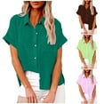 thumbnail image 1 of YUGYXL Cotton Linen Short Sleeve Shirt Fashion Lapel Buttons Tunics Tops Loose Fit Comfy plus Size Blouse Summer Lightweight Going Out TShirts Mint Green,L, 1 of 6