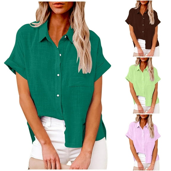 YUGYXL Cotton Linen Short Sleeve Shirt Fashion Lapel Buttons Tunics Tops Loose Fit Comfy plus Size Blouse Summer Lightweight Going Out TShirts Mint Green,XXL