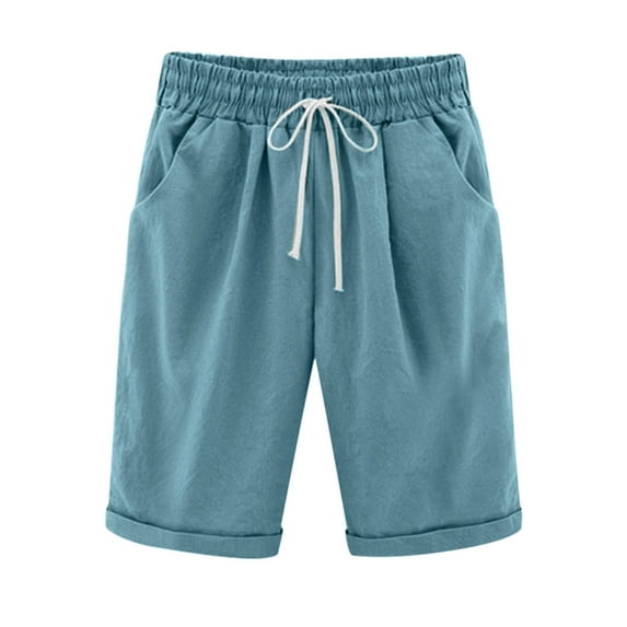 YUGYXL Cotton Linen Shorts for Women Casual Plus Size Wide Leg Knee Length Pants Lightweight Loose Drawstring Shorts with Pockets Sky Blue XXXXL