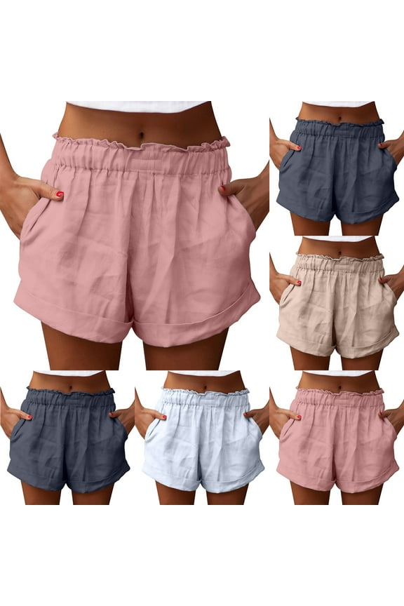 Cotton Linen Shorts for Women Stretch Waist Lightweight Short Pants with Pockets Summer Lounge Shorts Khaki L