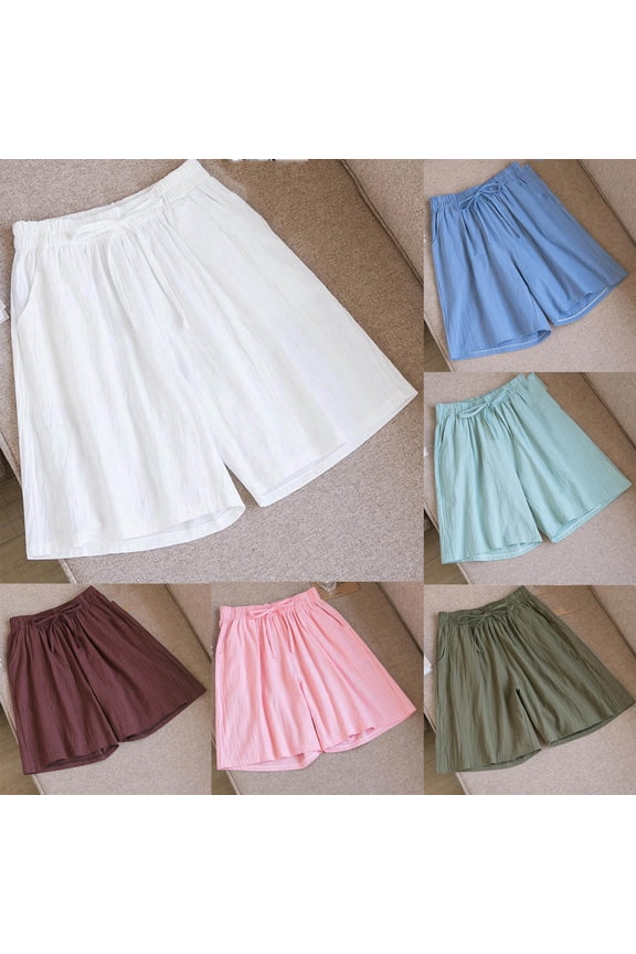 Cotton Linen Shorts for Women Trendy Knee Length Pants with Pockets Drawstring Wide Leg Shorts Summer Outdoor Shorts Coffee XXL