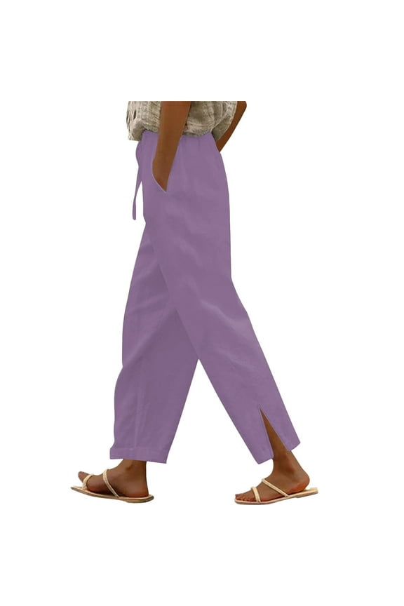 Cotton Linen Striped Pants for Women Summer Drawstring Long Pants Slim Fit Holiday Trousers with Pockets A Purple L