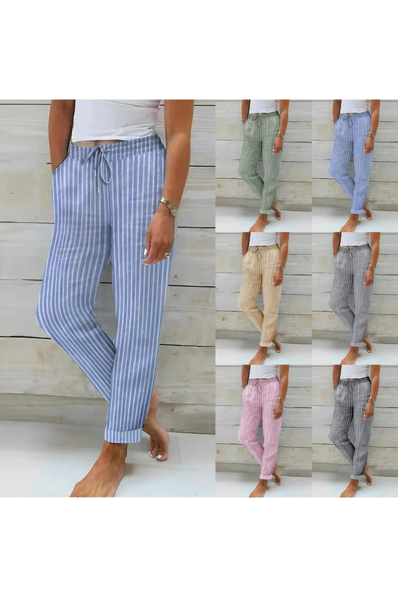 Cotton Linen Striped Pants for Women Summer Drawstring Long Pants Slim Fit Holiday Trousers with Pockets Blue S
