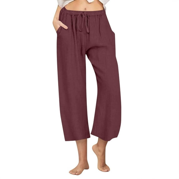 YUGYXL Cotton Linen Striped Pants for Women Summer Drawstring Long Pants Slim Fit Holiday Trousers with Pockets Wine XL